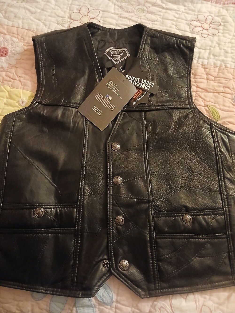 Buffalo David Bitton Black Leather Vest with Motorcycle Tags
